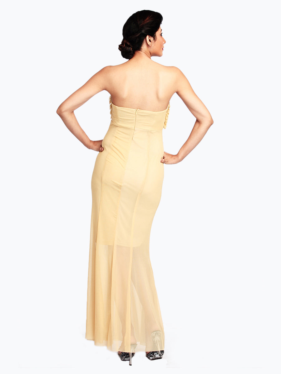 Golden Elegance: Ruched Strapless Gown in Gold Yellow Georgette for a Radiant and Timeless Look