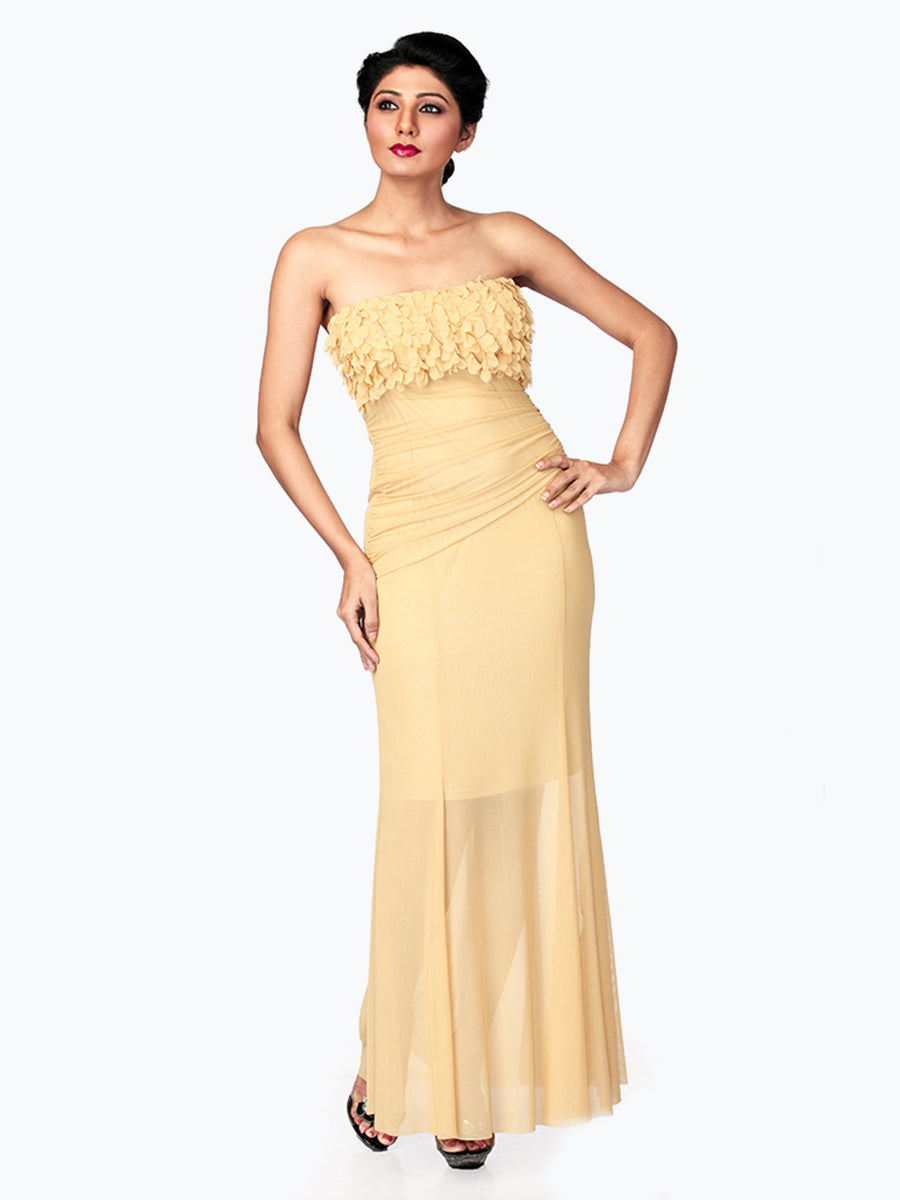 Golden Elegance: Ruched Strapless Gown in Gold Yellow Georgette for a Radiant and Timeless Look