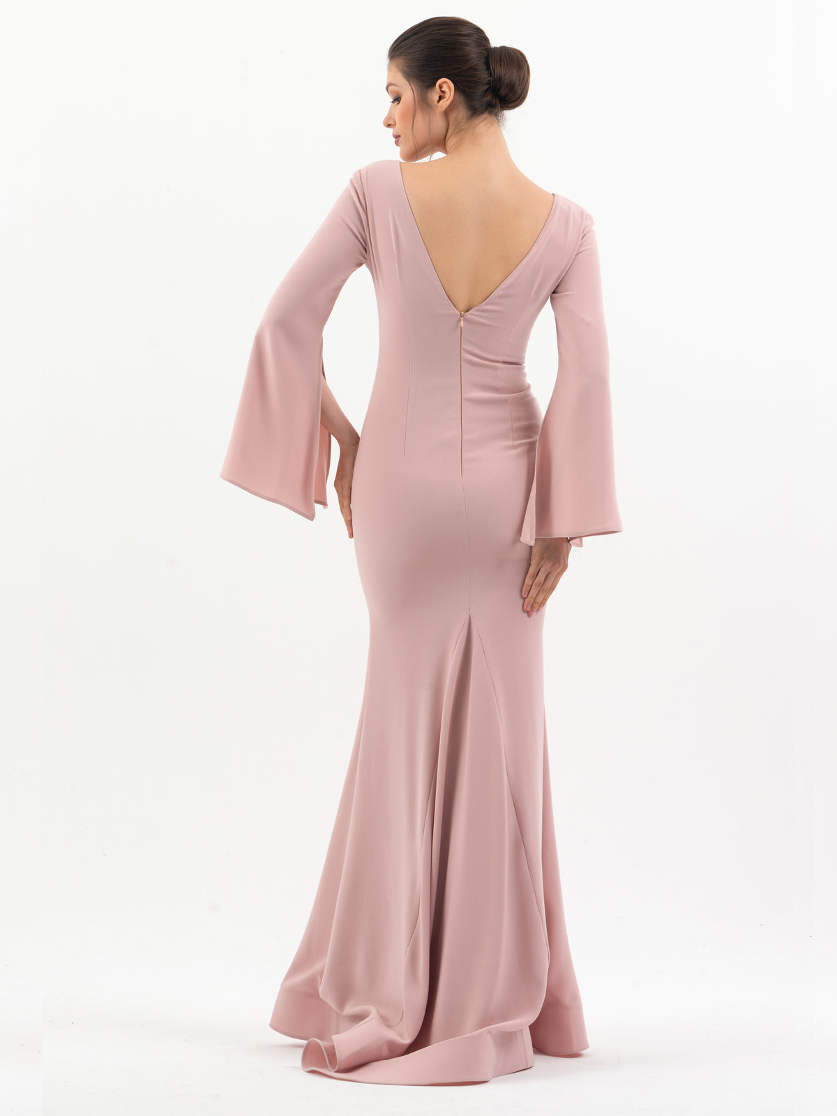 Celestial Charm: Crepe Fabric Gown with Bell Sleeves for an Ethereal and Enchanting Vibe