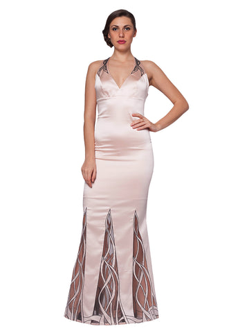 Sultry Sophistication: Sexy Satin Crepe Gown with Laser Cut Accents for a Daring and Chic Look