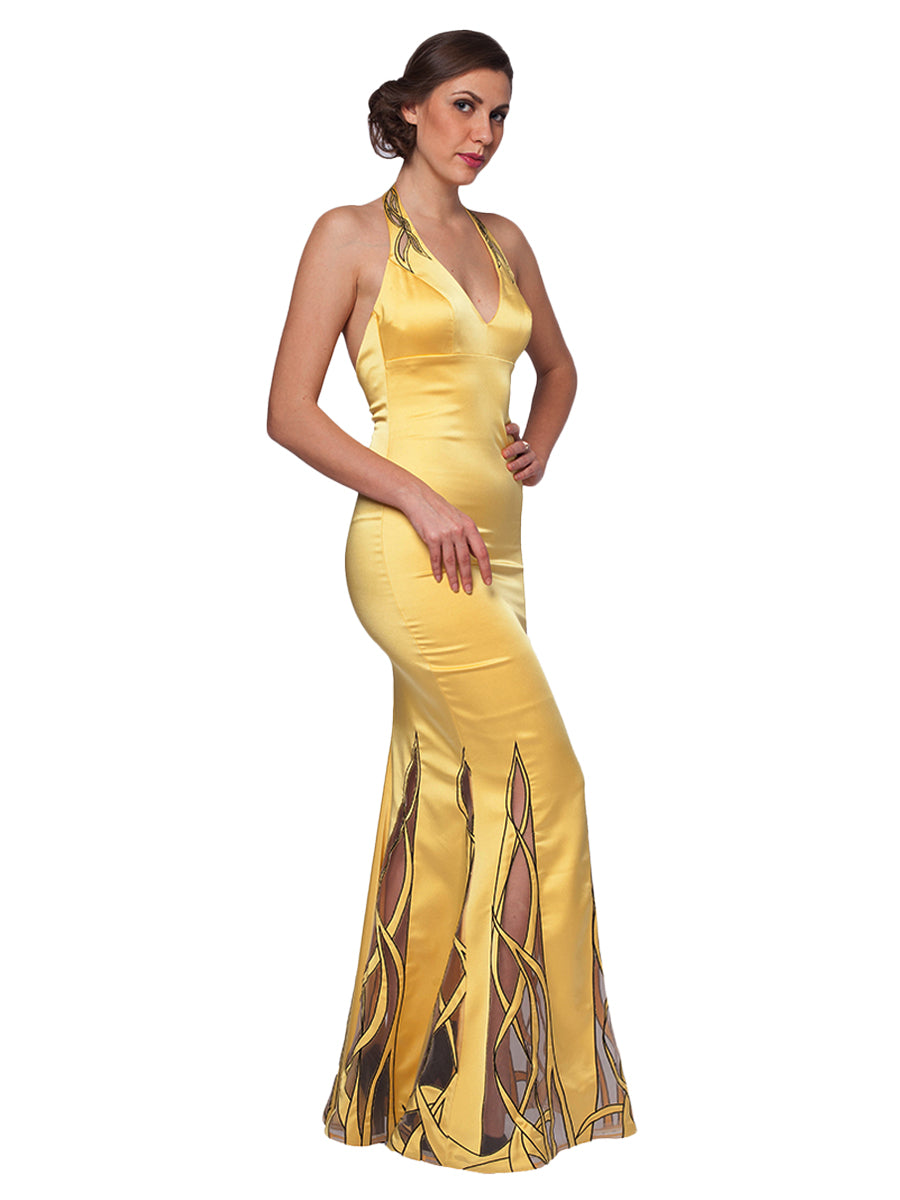 Sultry Sophistication: Sexy Satin Crepe Gown with Laser Cut Accents for a Daring and Chic Look