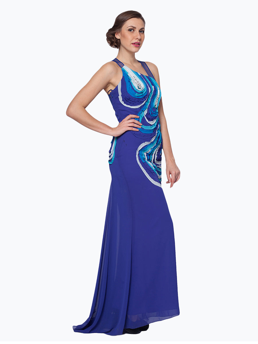 Enigmatic Azure: Crepe Unique Blue Hue Gown for a Captivating and Distinctive Style