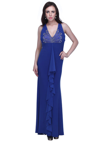 Regal Radiance: Royal Blue Crepe V Neck Beaded Gown for a Majestic and Glamorous Look