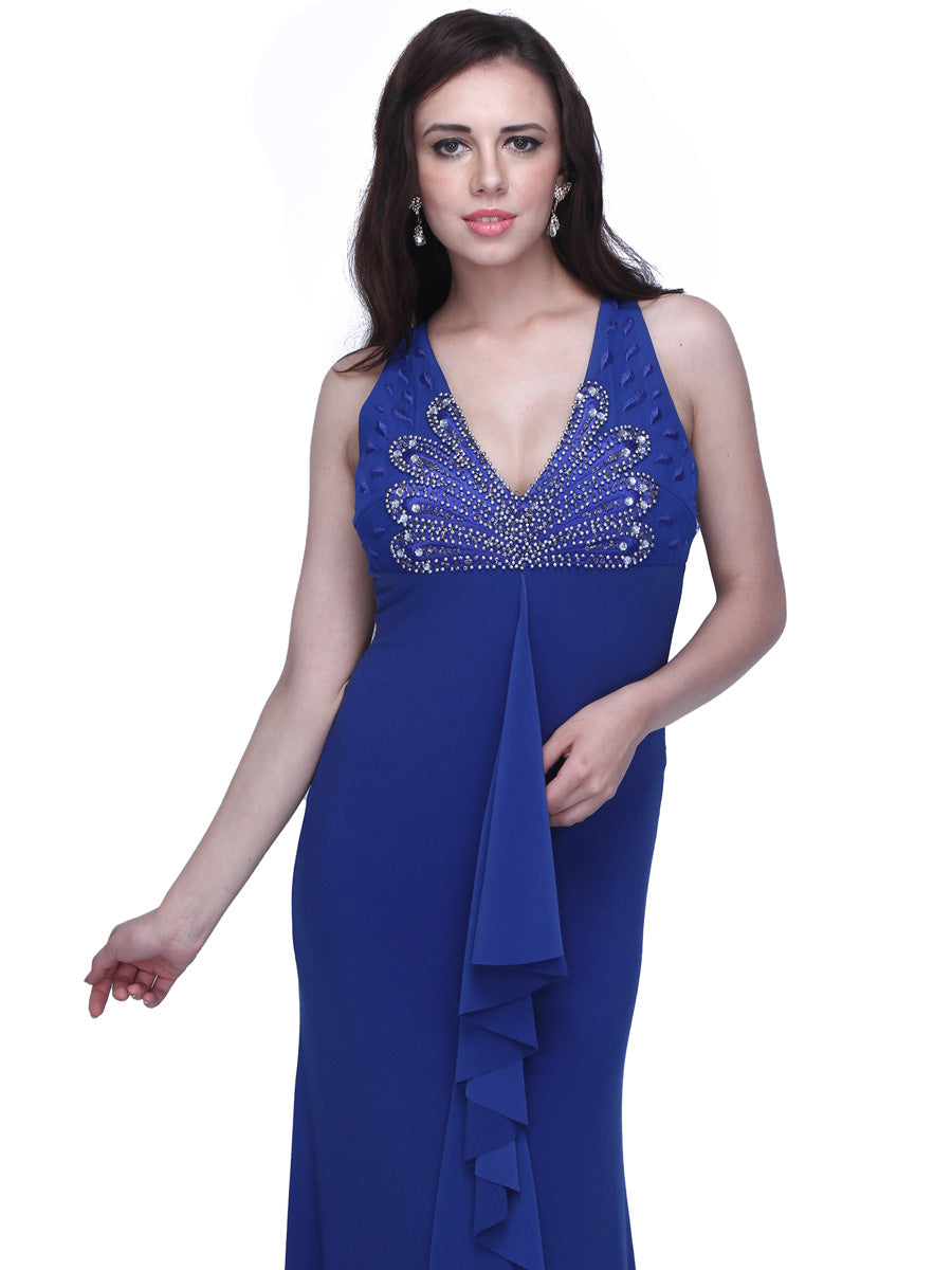Regal Radiance: Royal Blue Crepe V Neck Beaded Gown for a Majestic and Glamorous Look